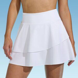 Lands End M Women's Swim Skirt Tiered Panty UPF 50 Mid Rise White